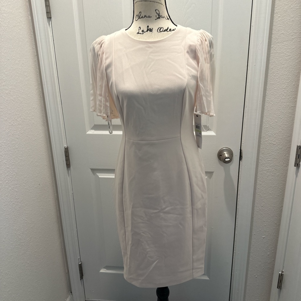 Calvin Klein Light Pink Sheath Dress with Pleated Short Sleeves
